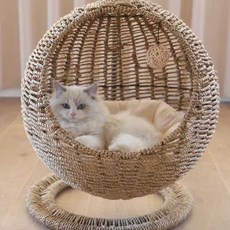 고양이 라탄 해먹 숨숨집 원형 집 하우스 바구니 여름, 1개, 마카롱 핑크PP 등나무 L대형