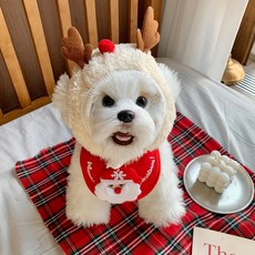 걸스코코 강아지 크리스마스 케이프 방한모자 반려동물 외출복 고양이스카프 코스튬, 루돌프모자+산타스카프(레드)