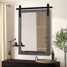 벽용 블랙 팜하우스 거울 45.7 x 66cm(18 x 26인치) 나무 프레임 사각 욕실 거울 화장대 헛간 문 스타일 거울 벽걸이 드레서 장식 거울 거실 침실 수직, Grey_18X26IN