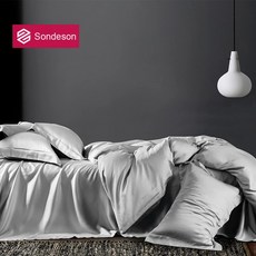 Sondeson 럭셔리 뷰티 노블 그레이 100% 실크 침구 세트 실키 퀸 킹 듀벳 커버 세트 플랫 시트 베개 커버 이불 커버, 01_001