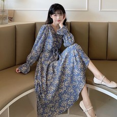 긴팔 원피스 가을옷 여성의류 롱 여신 무드 슬림핏 블루 쉬폰 플라워 점프슈트