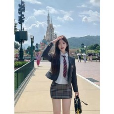 한국 대학 스타일 블레이저 유니폼 정장 여성 짧은 작은 정장 순수한 욕망 격자 무늬 힙 스커트 3 피스 세트
