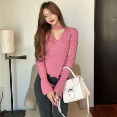 포린박스 크롭 랩 섹시 핑크 숏 꽈배기 오프숄더 니트 YJ