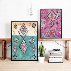 모로코 깔개 아트 인쇄 Boho 벽 장식 Eclectic 포스터 수채화 핑크 캔버스 회화 현대 보헤미안 홈 인쇄 벽 예술|그림 & 서예|, 1개, (A B)  2-piece Set