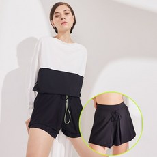 보헤미안블루 [SET]스트링타이 보트넥 여성 루즈핏 래쉬가드 CW+트루블랙 레이어드 랩 쇼츠