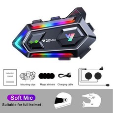 Y20 MAX 오토바이 헬멧 인터콤 헤드셋 믹싱 V5.3 핸즈프리 스테레오 음악 플레이어 스피커 1000mAh 배터리 인터폰, 1PC Soft Mic