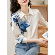 새틴 실크 셔츠 여 긴팔 디자인 소중국풍 빈티지 수묵 프린트 헤비 누에 실크 화이트 셔츠