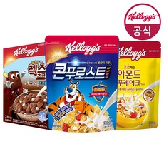 켈로그 시리얼3종 (콘푸로스트300g+오곡첵스초코스노우볼230g+아몬드푸레이크300g), 1세트