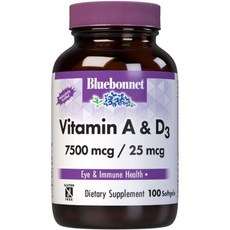 Bluebonnet Nutrition 비타민 A D3 25000 IU1000 IU 심해 냉수 생선 기름 눈 건강 및 면역 기능용 글루텐 없음 유제품 분자 증류 100 소프트젤서빙, 1개