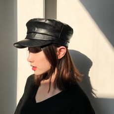 kt 모자 여자 얇 은 벌 거 벗 은 PU 가죽 팔각 모자 와 어 울 리 는 영국 베레모 블랙 M (56 - 58 cm)