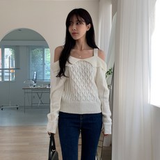 여자 겨울 꽈배기 클럽룩 오프숄더 나시 니트 티셔츠