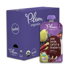 Plum Organics 플럼 오가닉스 자연유래 배 퍼플 당근 블루베리 이유식 6개월+ 4oz(113그램) 18팩, 113그램
