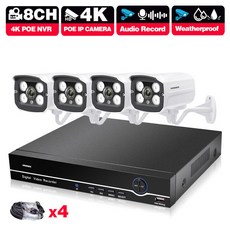 영어 설명서 HD 새로운 4K 초고화질 8MP H.265 POE NVR 보안 시스템 키트 야외 방수 CCTV IP 카메라 오디오 영상 기록 장치, 4T, 미국 플러그, 4Cam 8CH NVR 4 케이블, 1개