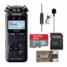 타스캠 Tascam DR-05X 스테레오 휴대용 오디오 레코더 및 USB 인터페이스 번들 32GB MicroSD 카드 클립온 라발리에 마이크 포칼 카메라 리더기 포함(4개 품목)