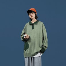 POLO 넥 여성 클래식 INS트렌드 와이드 루즈핏 학생 패치워크 심플 스웨터