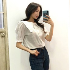 이힝 뾰족 레이스 세일러 카라 블라우스