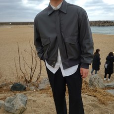 미니멀 가죽 오버핏 남자 레더 라이더 항공점퍼 블루종 자켓