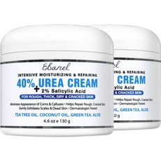 에바넬 우레아 크림 40% 플러스 살리실산 2% 건조하고 갈라진 발 뒤꿈치 발 무릎 팔꿈치 손 발 각질 큐티클 굳은살 제거제 발톱 연화제 각질 용해성 피부 장벽 복구 크림, 4.6온스(2팩)