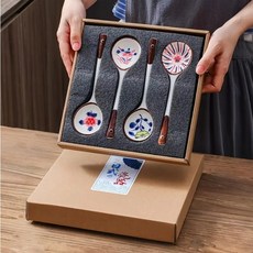 세련된 우동 도자기 서빙스푼 4종 세트 세라믹 전통무늬 숟가락 디저트 스푼 대왕수저, 1개