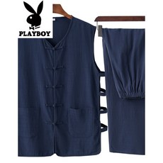 PLAYBOY 플레이보이 플래그 십 l 점 더 운 날씨 부 드 러 마고자 여름 얇 은 리넨 남성 조끼 팬츠 세트 중국 식 한 푸 당 의 땀