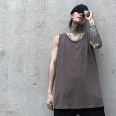 남자나시 하이스트리트 하단 절개한 구멍 O빈티지 이너 단색 조끼 언더셔츠 유행하는남성복 루즈핏 힙합