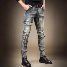 남성용 아메리칸 레트로 헤비 워싱 작업복 청바지 스크래치 엣지 트렌디 슬림 롱 팬츠 스몰 플레어 1950 년대 가을