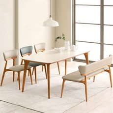 크로프 포세린 세라믹 애쉬 원목 6인 식탁세트(벤치형), 의자색상:그린 2EA+베이지 1EA