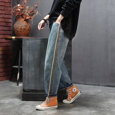 패션 고질 m-3xl 여성 레트로 패치 워크 하렘 바지 대형 하이 웨이스트 캐주얼 스티치 청바지, 파란, XL(65KG-72KG)