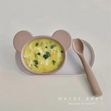 메이비베이비 아기 이유식 용기 스푼세트 아기식판 실리콘 그릇, 곰, 선택안함, 베이지, 1개