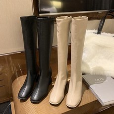 털안감 스퀘어 삭스롱부츠 7cm 뒷지퍼 스판 롱부츠힐