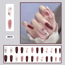 여름 요정 꽃 패턴 네일 아트 인조 손톱 접착제 핑크 보라색 숏 웨어러블 착용 도구 포함 24 개, XN-51, 1개