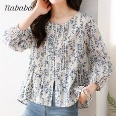 나바바 NB1866 여성 빈티지 플라워 라운드넥 7부 블라우스