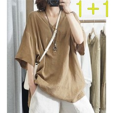 1+1 여성용 오버핏 면 린넨 브이넥 반팔 블라우스 데일리 심플 무지 반팔 남방 기본핏