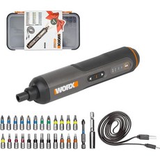 WORX WX240 전기 드라이버 소형 세트 5Nm 정방향 및 역방향 전환 3단계 토크 조정 25비트 1비트 어댑터 LED 조명 USB 충전 TypeC 케이블 포함