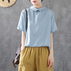 HOT 린넨 블라우스 디자 문예 맨투맨 바이올렛 면마 셔츠 여성 루즈핏 베이비 돌 칼라