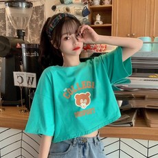 연예인 박시반팔티 노출 배꼽 극 숏 와이드 루즈핏 빅사이즈 여성 티셔츠 전문 제공 x2개