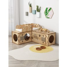 고양이 원목터널 캣 연결하우스 스크레쳐 놀이, 티크40CM길이너비31높이41매칭매트, 1개