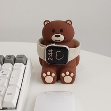 우먼스9999 갤럭시워치4 애플워치 곰돌이 테디베어 워치 충전독 말랑말랑 스탠드 충전 거치대, 브라운 (애플)