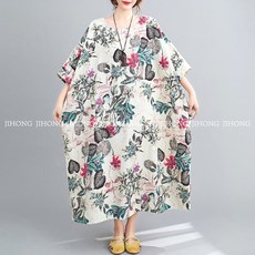 지홍 JIHONG 여름 빅사이즈 항아리 원피스 줄무늬 오렌지톤 면마 레이온 XXX 미시
