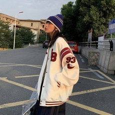 생활도움 BLACK 도톰한 야구복 여 2020년 가을 겨울 루즈핏 아메리칸 빈티지 자켓 모직 코트