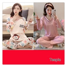 티피 산후 모유 수유 임산부를위한 봄과 가을 순면 잠옷