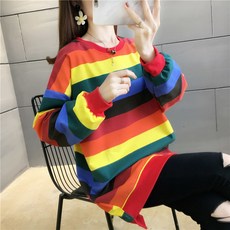 레미몰 봄가을 얇은 무지개 색상 스트라이프 단가라 하프기장 트임 절개 슬릿 와이드 루즈핏 여성의류 200근 슬림핏 긴 소매