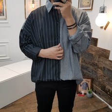 지아카 스트릿 반반 배색 오버핏 세로 스트라이프 셔츠