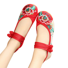 도오빠 챠오밍 여성 한복신발 캔버스 플랫슈즈 3.5CM 키높이 단화 라운드토 플라워 자수 꽃신 여자단화 신발