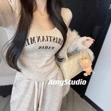 추동 영문 라운드 긴팔 슬림핏 하이웨스트 스트링 와이드 팬츠 2종 세트