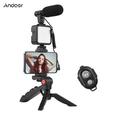 Andoer 휴대용 스마트폰 유튜브 촬영 장비 키트 마이크 키트(삼각대 + D-05 마이크 + 셔터 리모콘 + LED 촬영 조명 + 스마트폰 거치대)