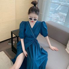복고풍 V 넥 레이스 업 허리 여성 어깨 뽕 반소매 원피스 심플 무지 로브 랩 롱 레트로 드레스