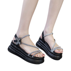 루이비통샌들  도오빠 넬비르 여성 가죽 통굽 샌들 7CM 키높이 웨지힐 큐빅 오픈토 스트랩샌들 여름 여자샌들 신발 