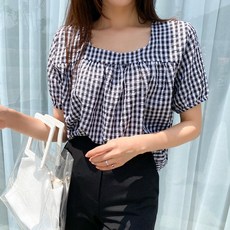 어반더룸 여름 고방체크 스퀘어 퍼프 깔끔한 여성 블라우스