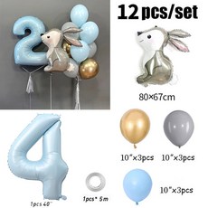 파란색 숫자 토끼 동물 호일 풍선 생일 파티 장식 소년 1 2 3 4 5 6 7 8 9 세 용품 12 개 40 인치, Set, 4th Birthday, 1개